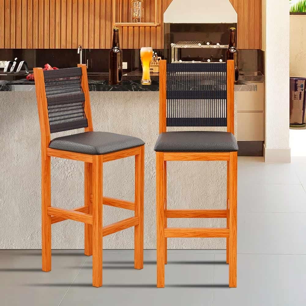 Kit 2 Banquetas Para Área De Churrasco Madeira Maciça Assento Estofado Preto Eva Shop JM