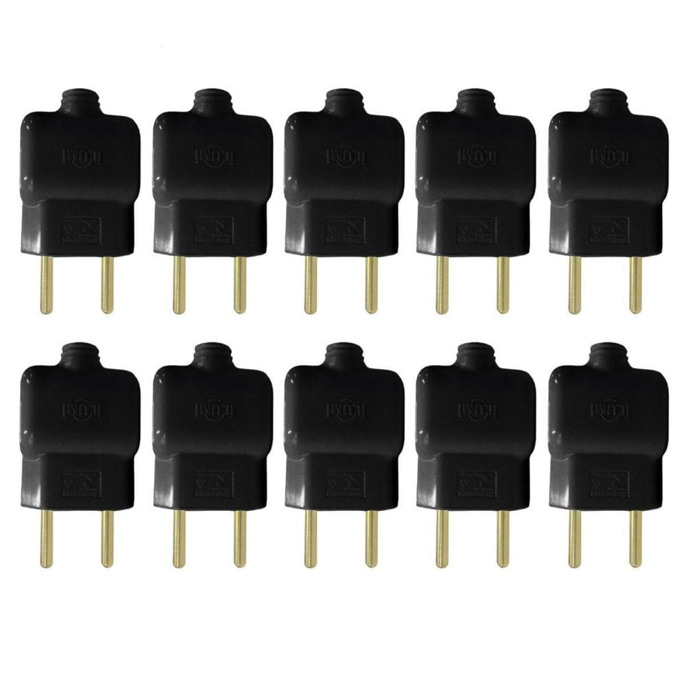 Kit 10 Plug Tomada Pino Macho Prensa Cabo 2P Preto 10A 250V