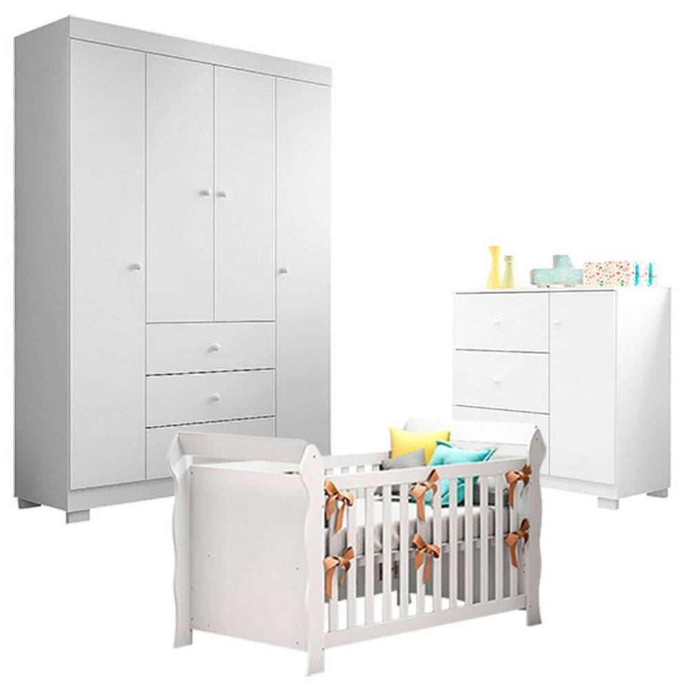 Quarto de Bebê Duda 4 Portas com Berço Americano Lara Branco Brilho - Phoenix Baby