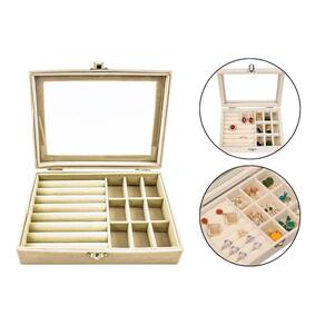 Kit 2 Porta Joia Maleta Luxo Camurça Tampa Acrílica Bege
