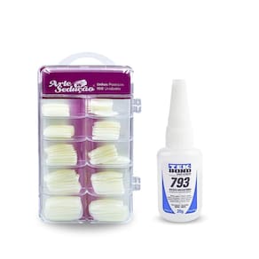 Kit 100 Unhas Postiças Natural Quadrada + Cola Tekbond 793