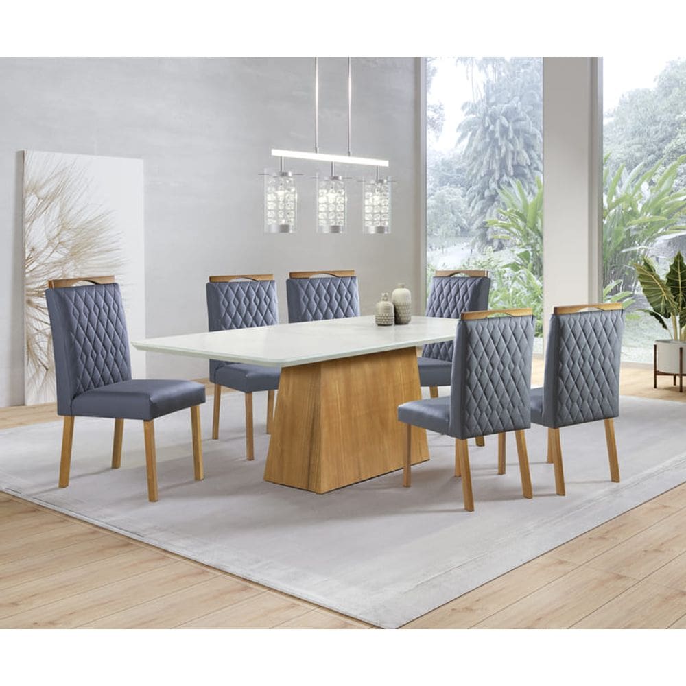 Sala de Jantar com Vidro 6 Cadeiras 2,0x0,90m - Amsterdã - Art Salas