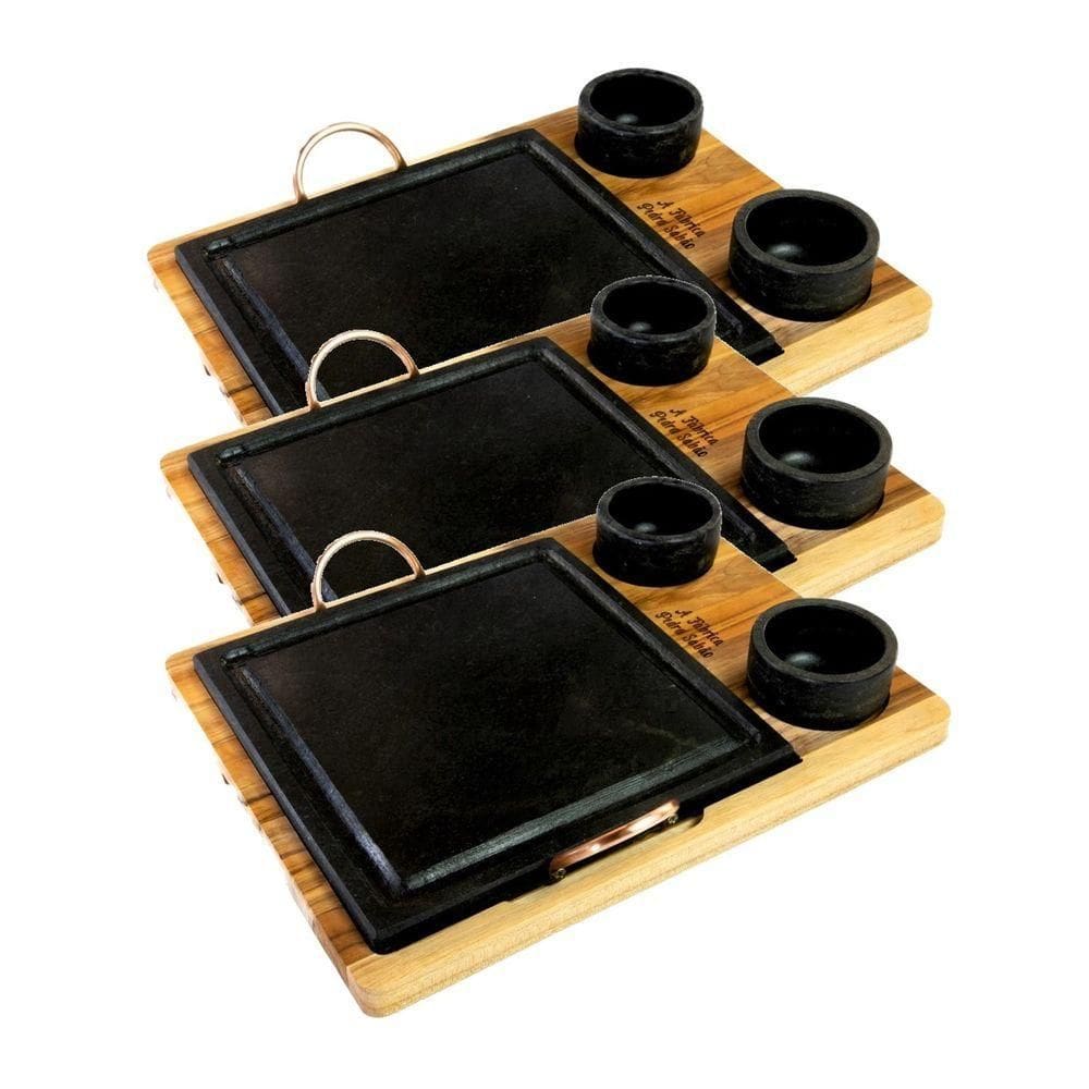 Kit 3 Grelha 06 Molheiras Em Pedra Sabão E Suporte G 25X25Cm