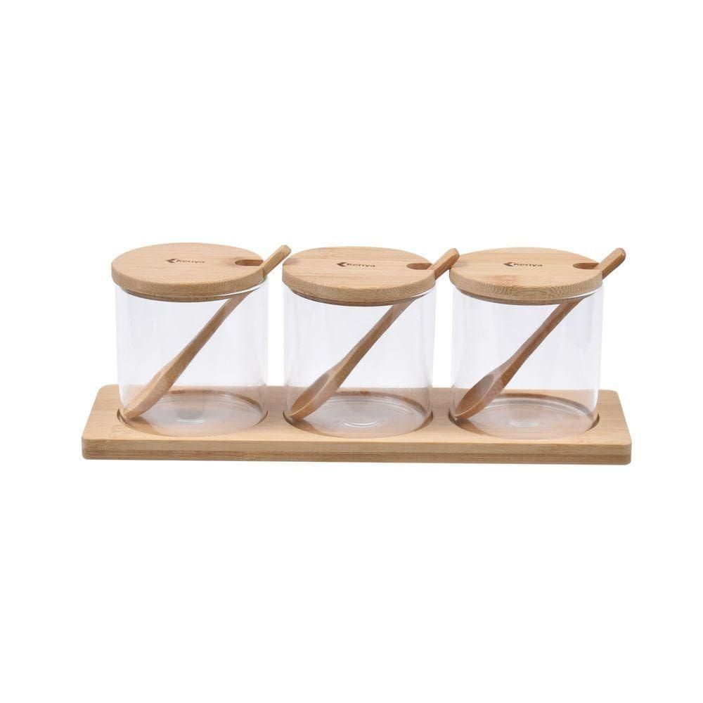 Kit Com 3 Peças Pote Em Vidro, Colher E Base Em Bambu Kenya