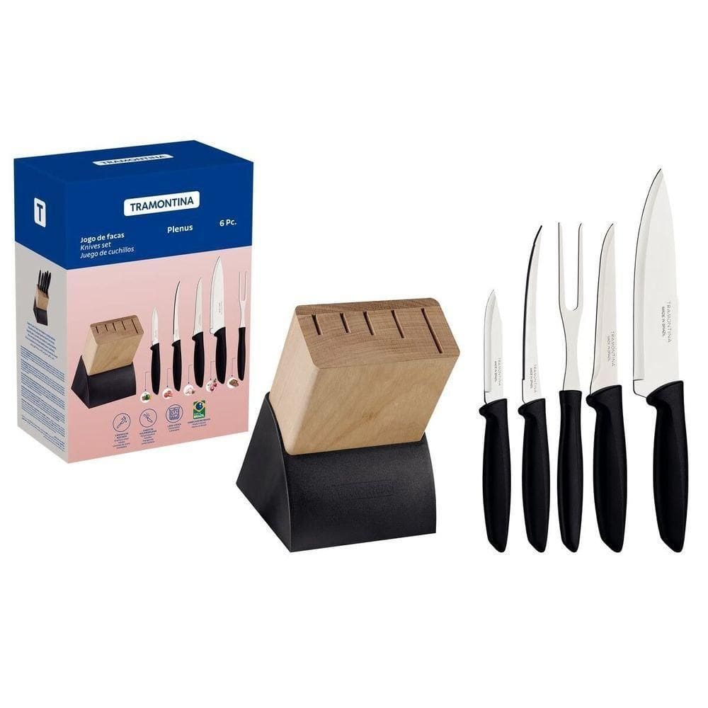 Jogo De Facas Tramontina Inox 6 Peças - Com Suporte Madeira - Plenus - Casa Dos Fogões