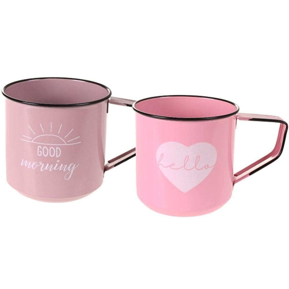 Kit 2 Caneca Vintage Aço Esmaltado Grande 600ml Rosa/lílas