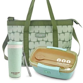 Conjunto Bolsa Térmica Com Pote Marmita Ecológica 800ml E Copo Com Tampa De 300ml Verde