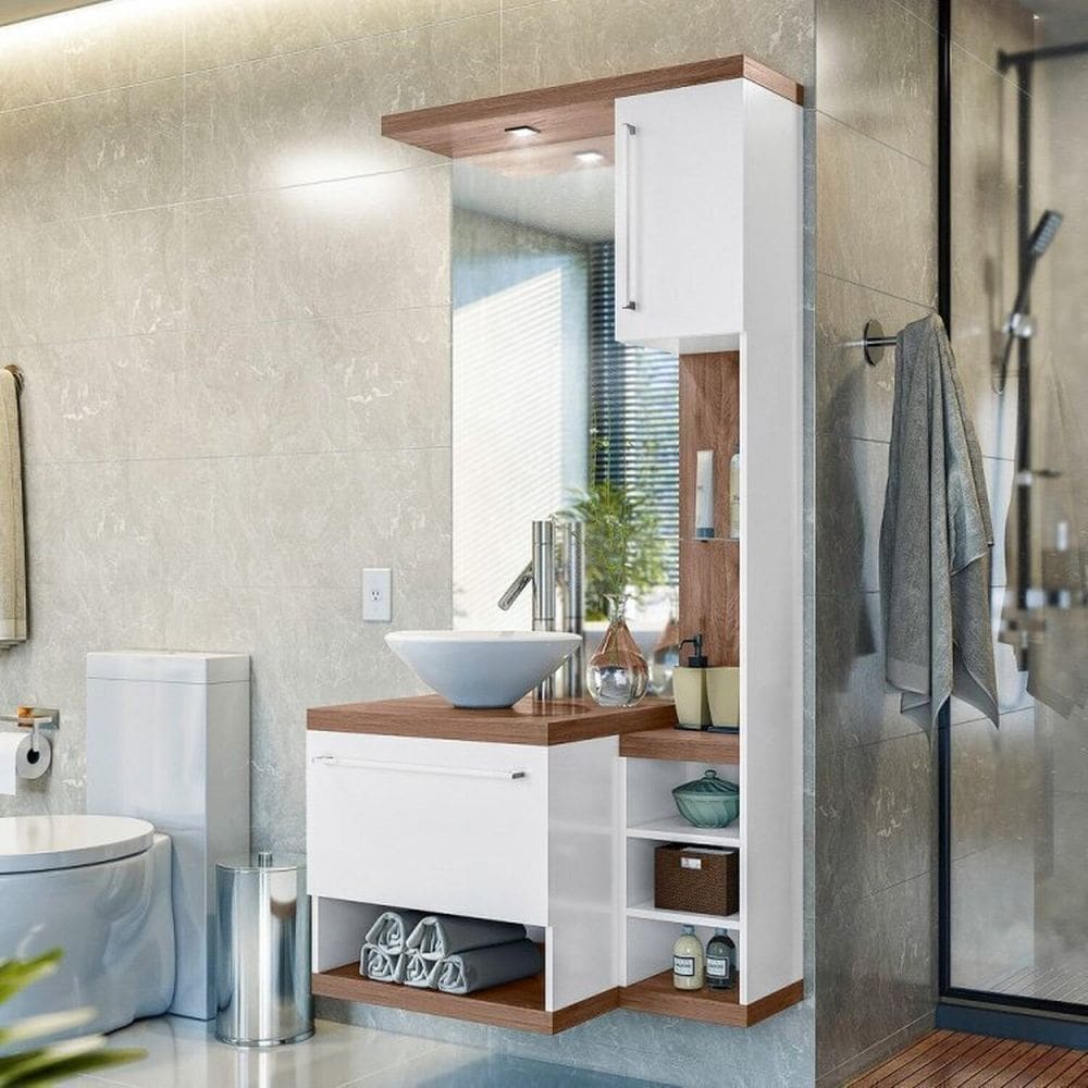 Kit com 5 Gabinetes para Banheiro Espelhado 2 Portas 4 Nichos Arezzo Amêndoa/Branco