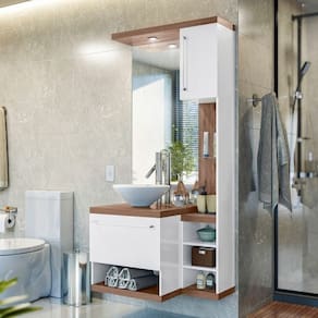 Kit com 5 Gabinetes para Banheiro Espelhado 2 Portas 4 Nichos Arezzo Amêndoa/Branco