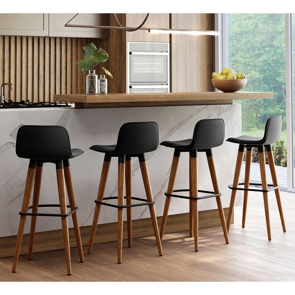 Kit 4 Banquetas Altas Luxo Linea Aço Preto Linho Preto Base Carvalho
