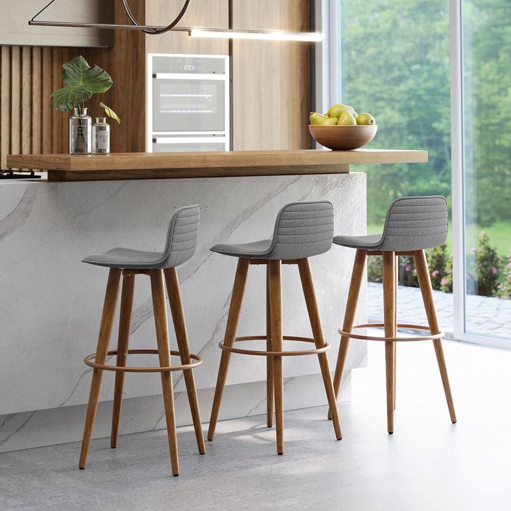 Kit 3 Banquetas Altas Luxo Versatil Aço Cobre Linho Cinza Base Carvalho