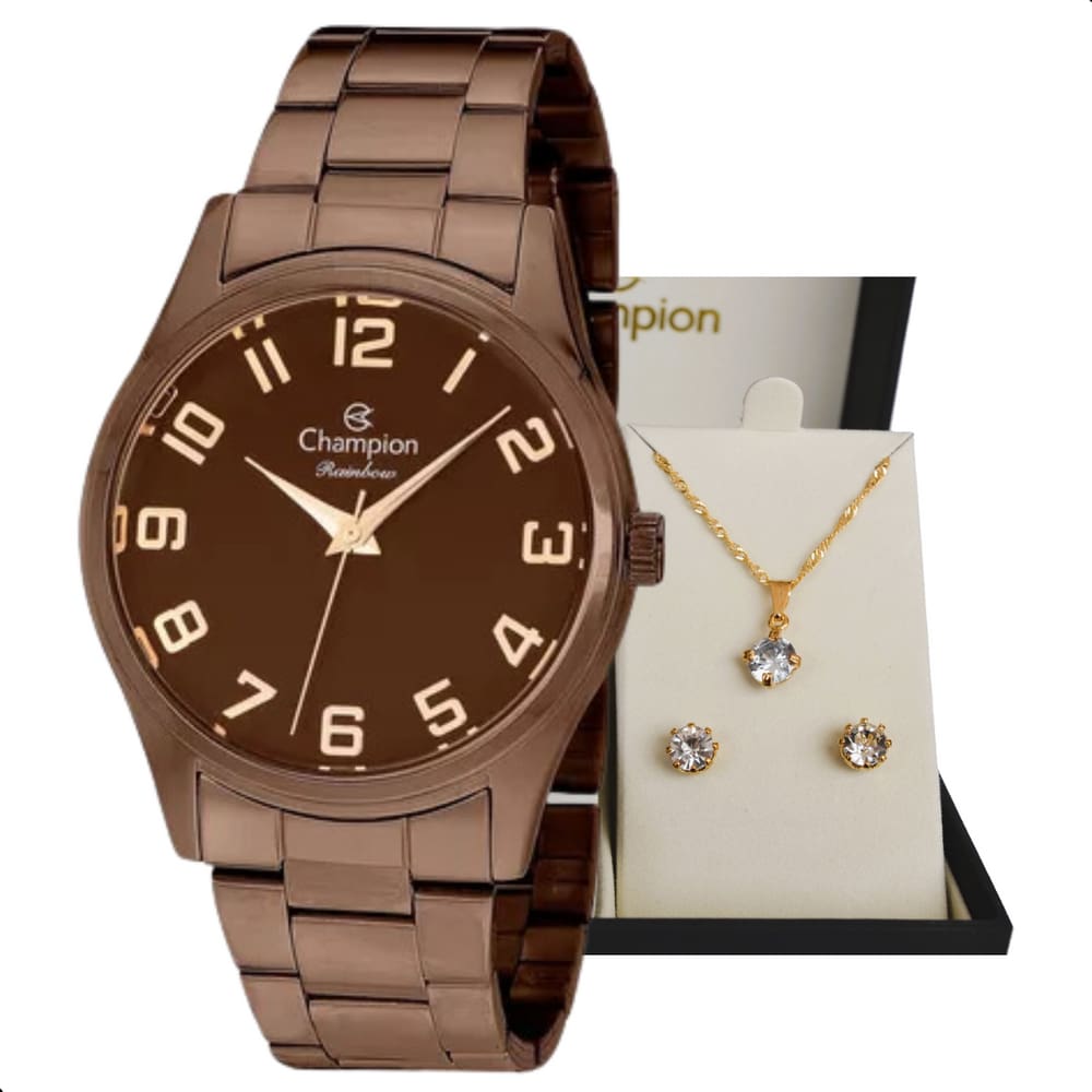 Relogio Champion Feminino Chocolate Marron Cn29884m + Kit Semi Joia