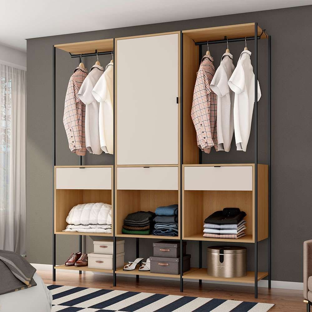 guarda-roupa closet modulado maverick 1 pt central 3 gv carvalho e off white 168 cm