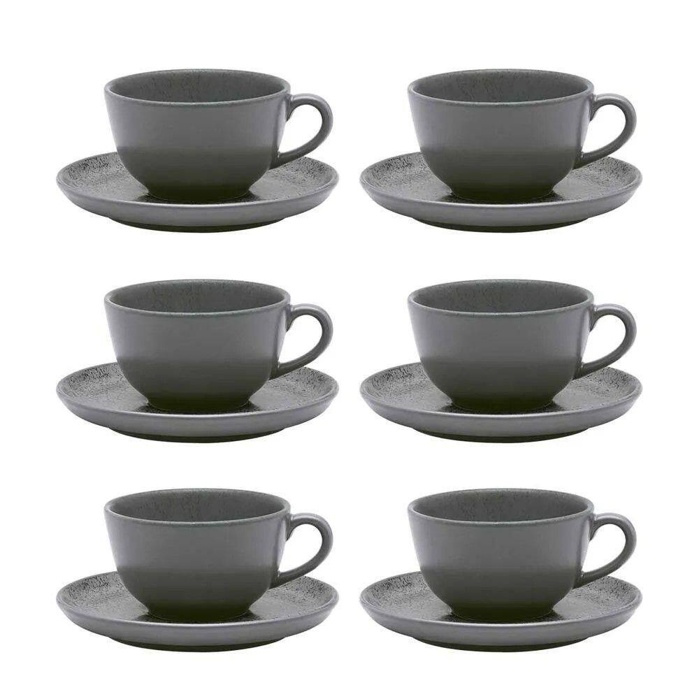 Conjunto De Xícara De Chá Com Pires 06 Peças Flat Gray Oxford