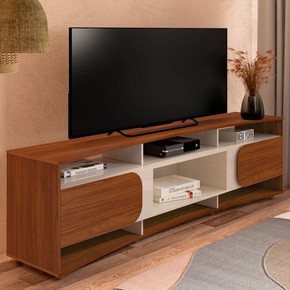 Rack Tv 85 Com 7 Nichos 2 Portas 2 Prateleiras Elegance Cedro / Off White
