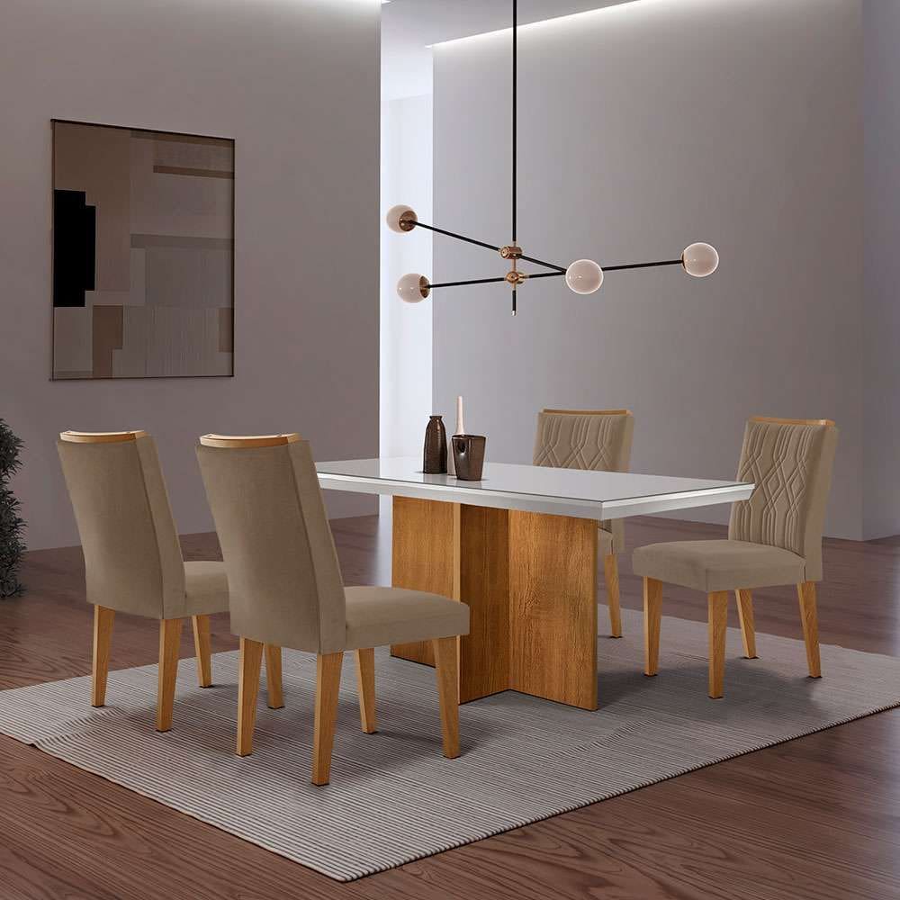 conjunto de mesa de jantar retangular com tampo de vidro off white berlim e 4 cadeiras alegra veludo capuccino e imbuia