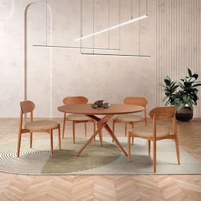 mesa de jantar redonda com tampo laminado e 4 cadeiras miami madeira iça linho bege e imbuia