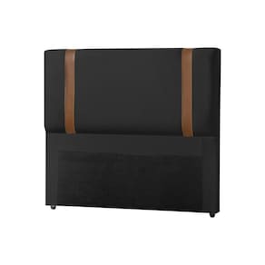 Cabeceira Estofada Cama Casal King Alça Em Couro Zeus 195Cm Veludo Preto - Cor: Preto