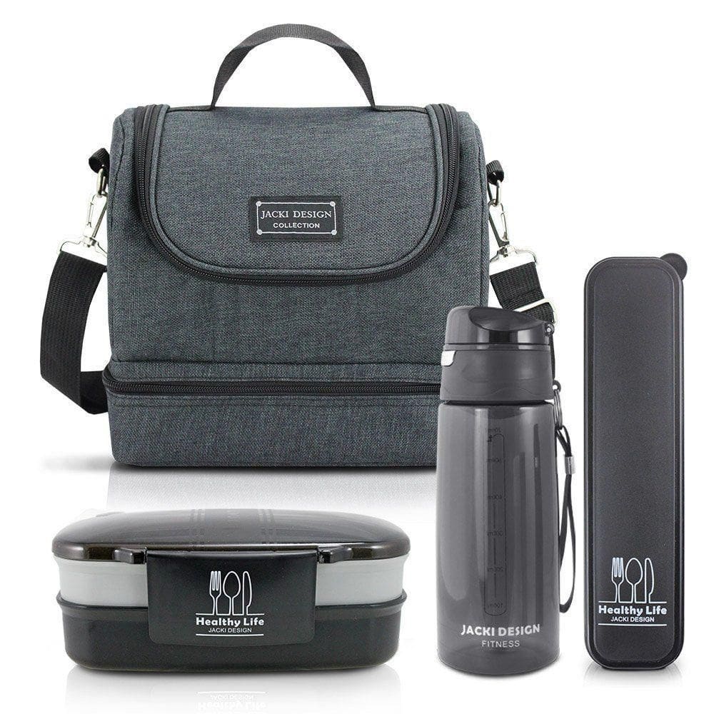 Kit Fitness Bolsa Térmica C- 2 Compartimentos e Marmita 2 Andares Com Garrafa E Porta Talher Preta
