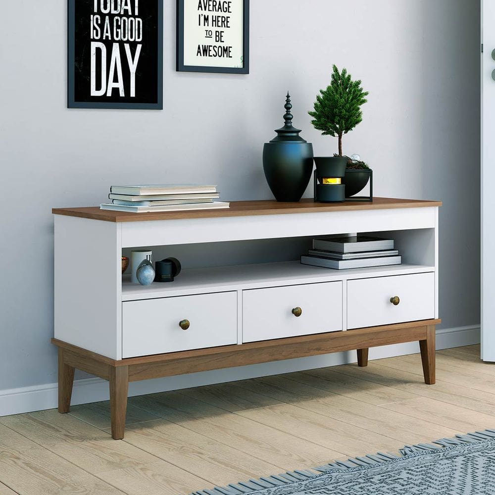Rack para TV até 43`` Pol. 3 Gavetas 120 Cm Freijó Branco Movelbento
