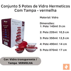 Conjunto 5 Potes de Vidro Hermeticos Com Tampa - Vermelho