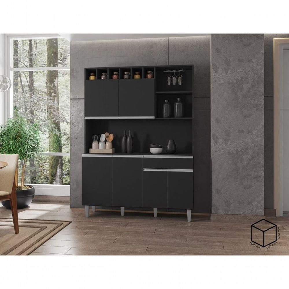 Kit Armario Cozinha Compacta Alice 130cm 6 Portas Preto Ajl