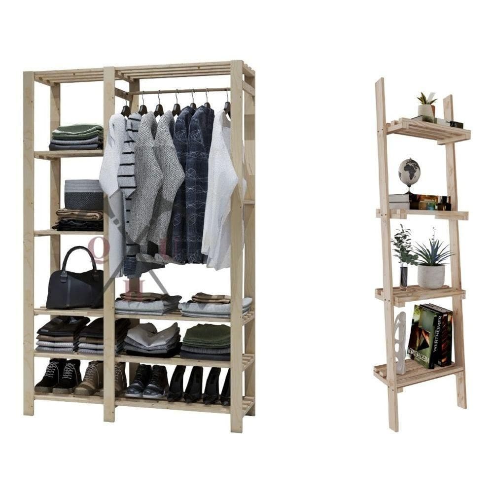 Kit Estante Simples Minimalista Para Sala Madeira Natural Objetos E Suporte Arara De Parede Multiuso