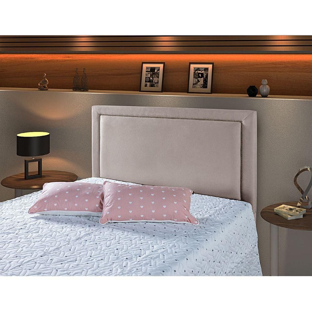 Cabeceira Casal Estofada Cama Box 1,95 Turim Com Framer Veludo Pavia Bege