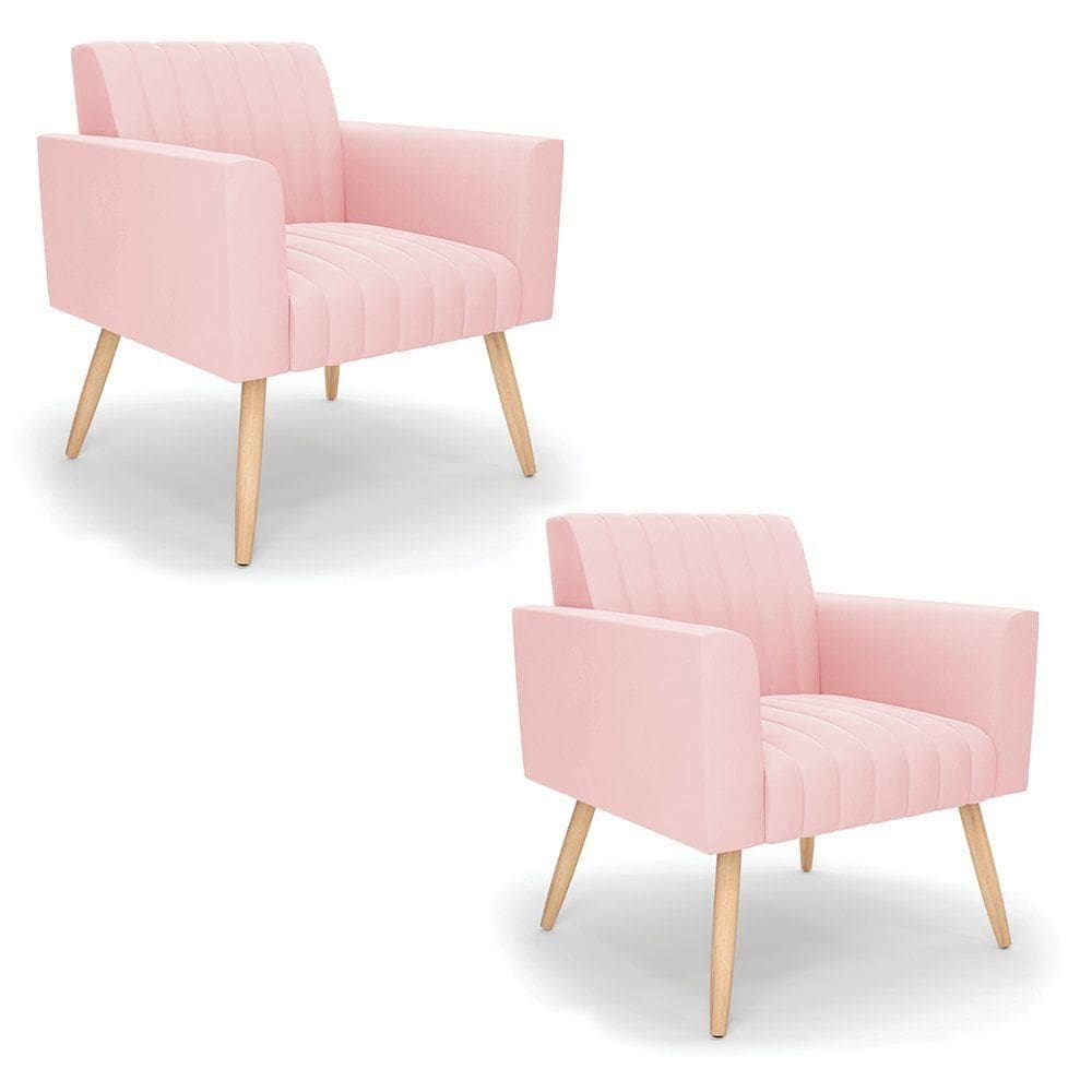 Kit 2 Poltronas Viena Gomada Suede Rosa Bebê Pés Palito Natural - D`rossi
