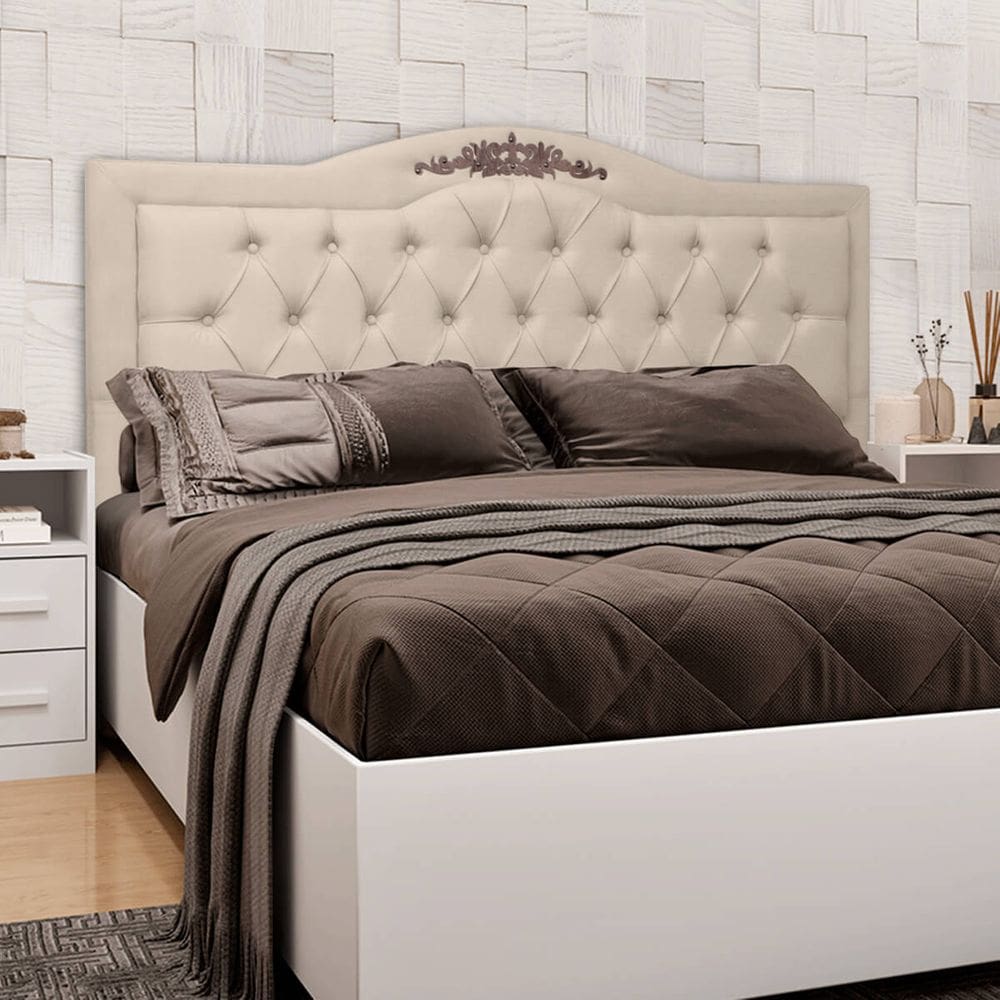 Cabeceira Provençal Capitonê Casal Com Aplique Em MDF 1.40M Linho Bege SOFA STORE