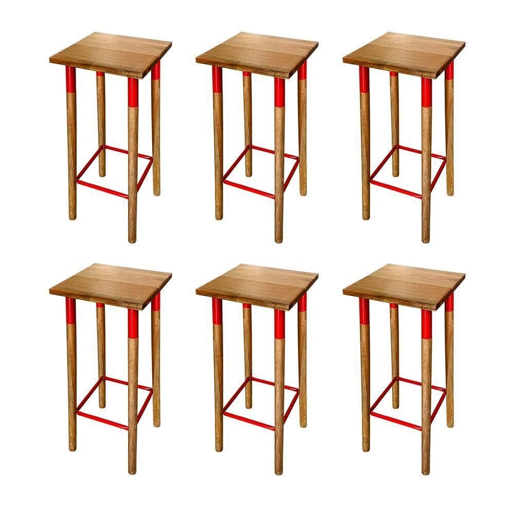 Kit 6 Banquetas Bistro Industrial Colors Ferro E Madeira Maciça - Vermelha Vermelho