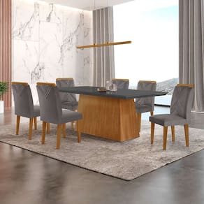 conjunto de mesa de jantar retangular com tampo de vidro luna e 6 cadeiras italia veludo grafite e imbuia