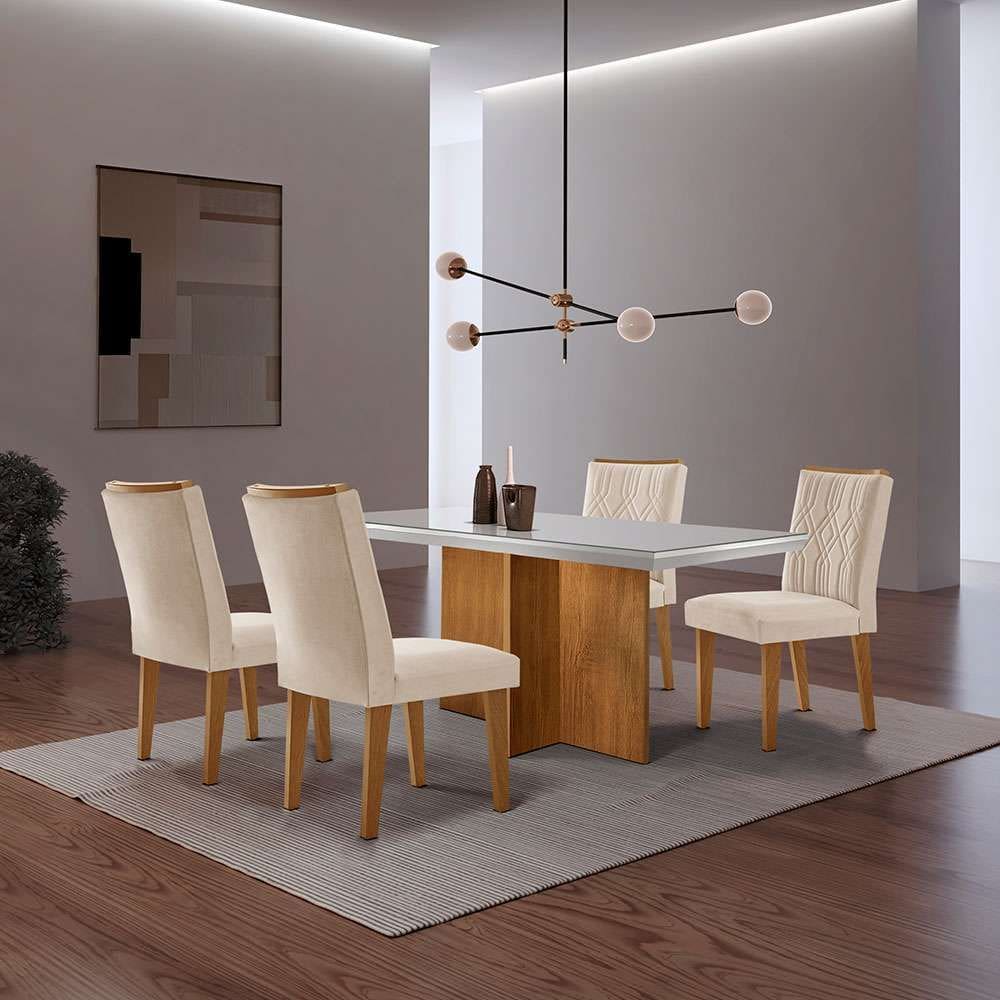 conjunto de mesa de jantar retangular com tampo de vidro off white berlim e 4 cadeiras alegra veludo creme e imbuia