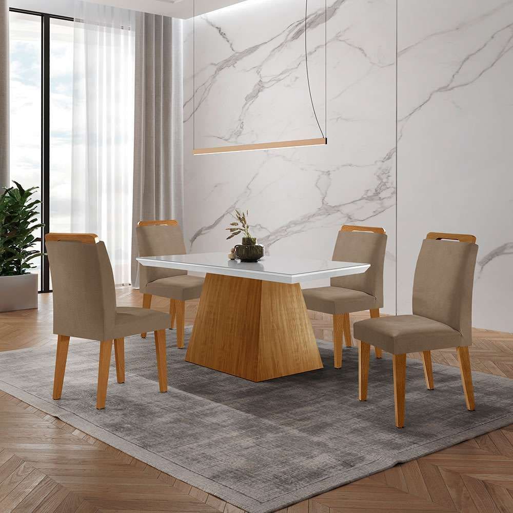 conjunto de mesa de jantar retangular com tampo de vidro off white luna e 4 cadeiras athenas veludo capuccino e imbuia