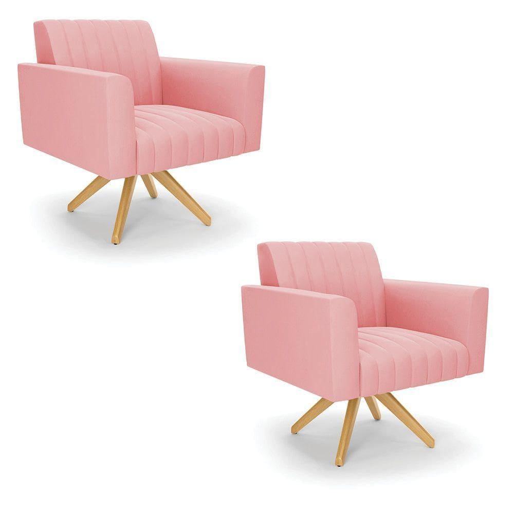 Kit 2 Poltronas Giratória Viena Gomada Suede Rosê Base De Madeira Ma30 - D`rossi