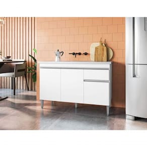 Balcão Para Lavanderia 120cm Tatiane 3 Portas 1 Gaveta Com Tampo Branco - Ajl