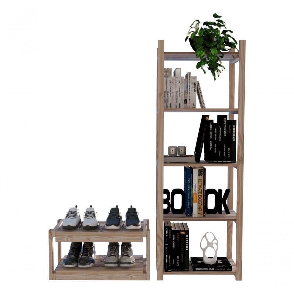 Kit Estante Madeira Natural Para Chão Simples 140X50Cm Até 15Kg E Sapateira De Prateleiras Design Es