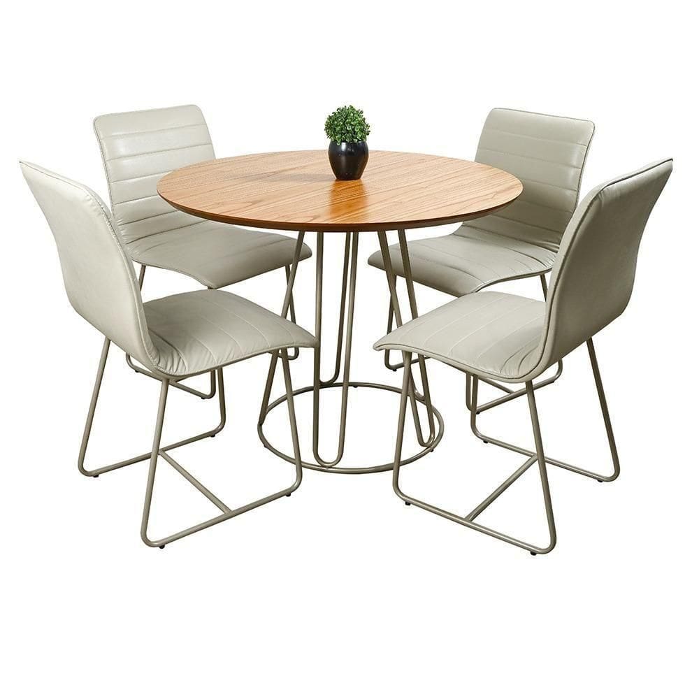 Conjunto Sala De Jantar Rubi Cinamono Com 4 Cadeiras Cristal Couro Pérola E Metal Champanhe