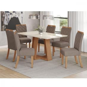 Conjunto De Mesa Henn Lins Com 6 Cadeiras Bella 1,60 Nature-off White-marrom Amêndoa