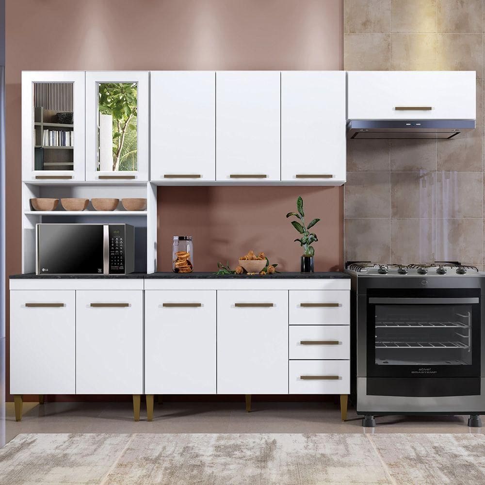 Cozinha Atenas Com Vidro Reflecta 10 Portas 3 Gavetas Cor:branco