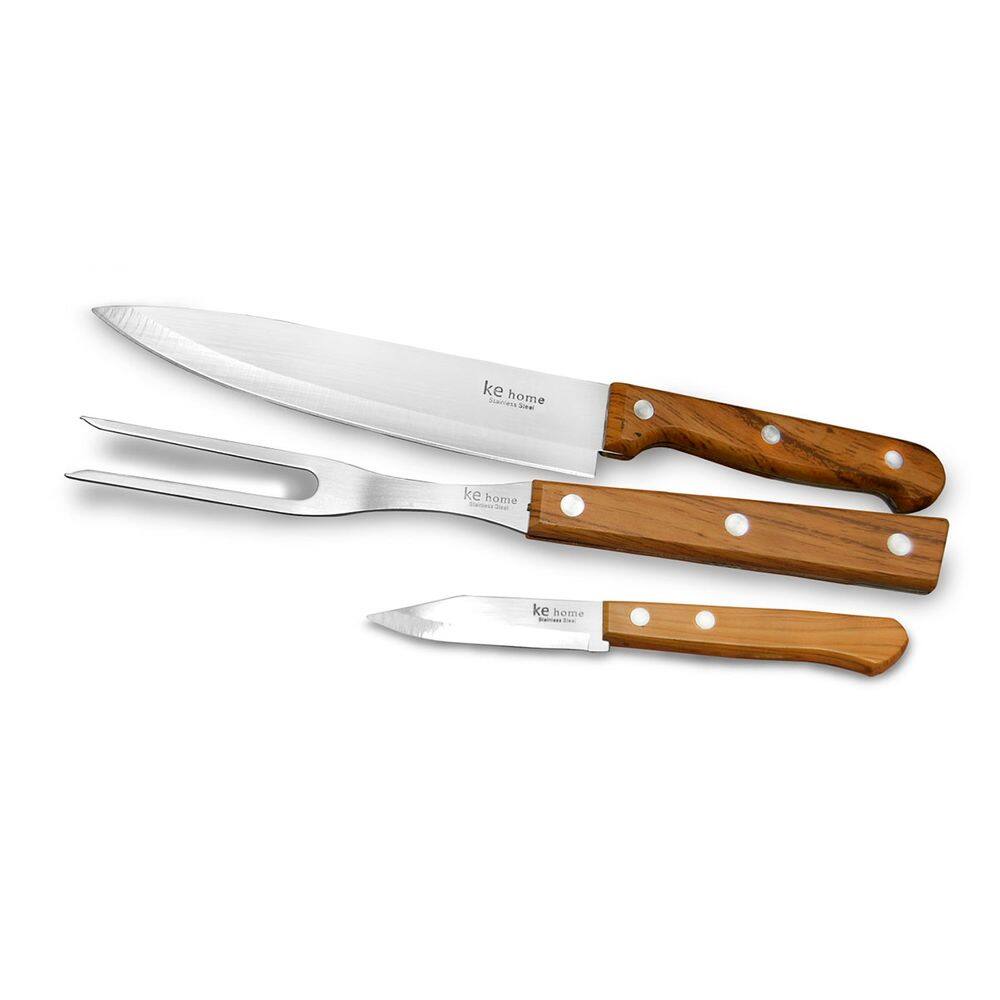 Kit De Churrasco De Inox E Cabo De Madeira Com 3 Pçs