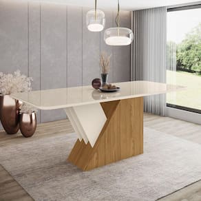 Mesa Com Vidro Com Canto Arredondado 200 Cm Lucena Henn Nature Com Off White