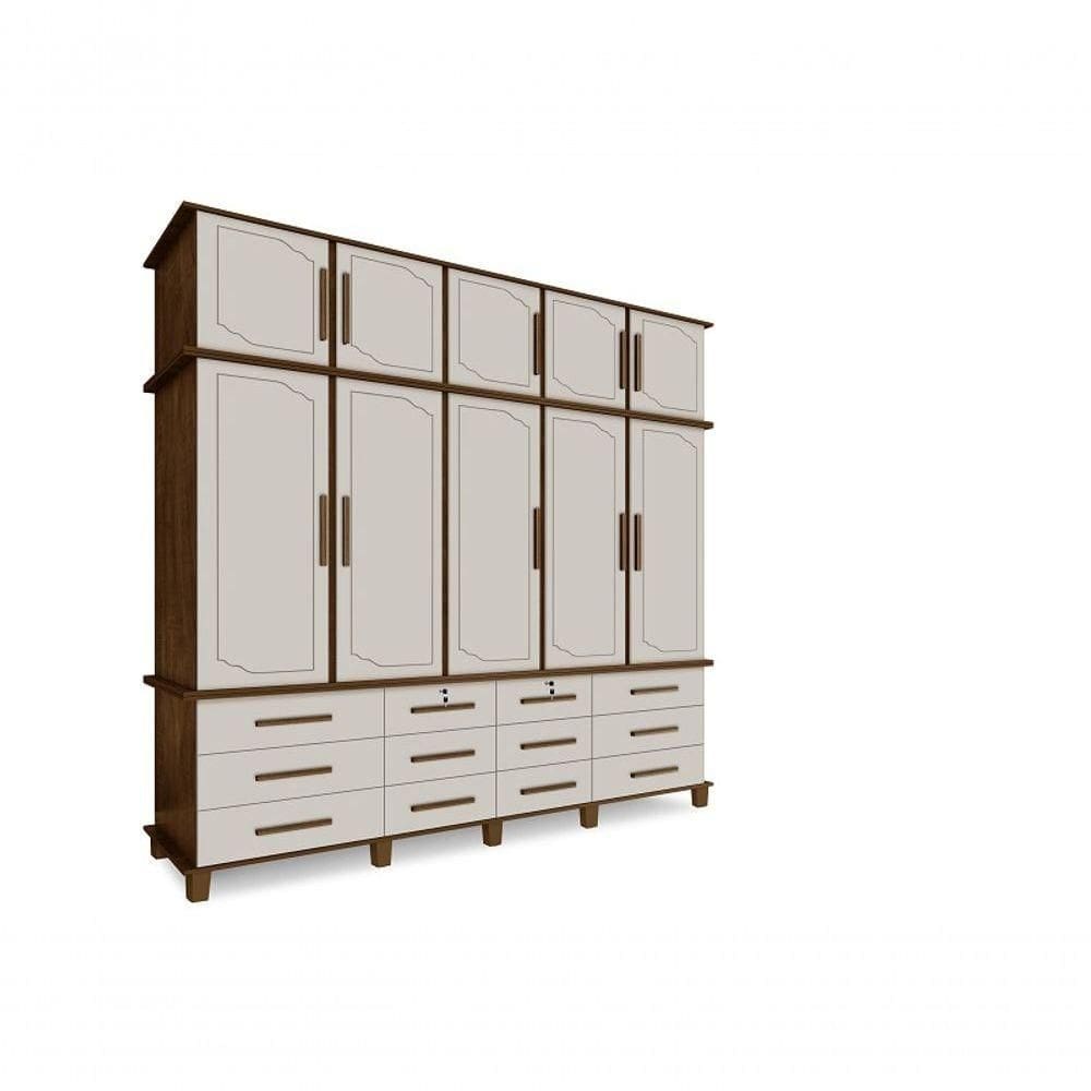 Guarda Roupa Berlim Quarto Casal 5 Portas 12 Gavetas Com Maleiro Luapa Móveis Cor:malbec-off White