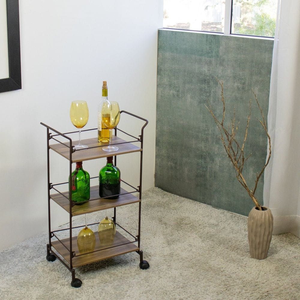 Carrinho de Bebidas Decorativo Retangular 3 Andares Aço Corten/Castanho