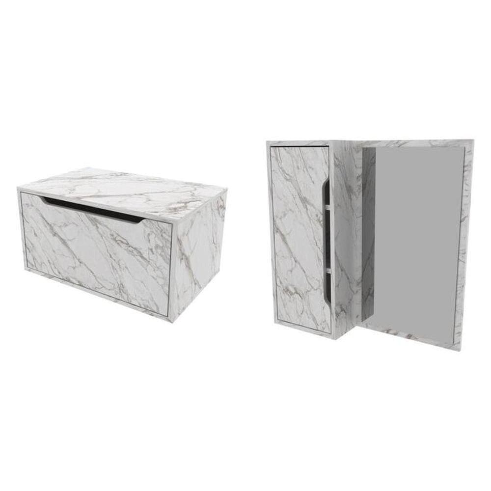 Conjunto de Banheiro com Gabinete Suspenso e Espelheira Mármore/Branco