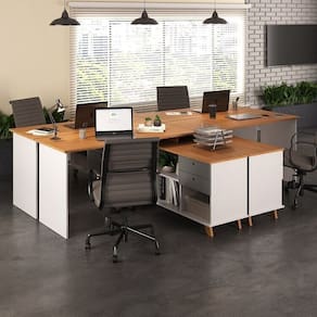 Conjunto 4 Escrivaninhas Retrô em L para Escritório e Home Office com 2 Gavetas e 5 Nichos Gold Freijó/Grafito/Branco