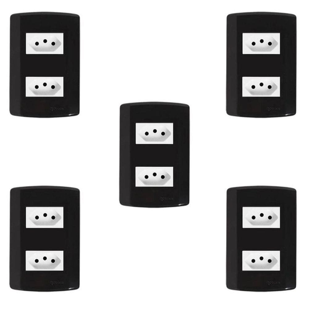 Cinco Conjuntos com 2 Tomadas 2p+t 20A 250v, Modular, com Placa 4x2 e Suporte Preto e Branco