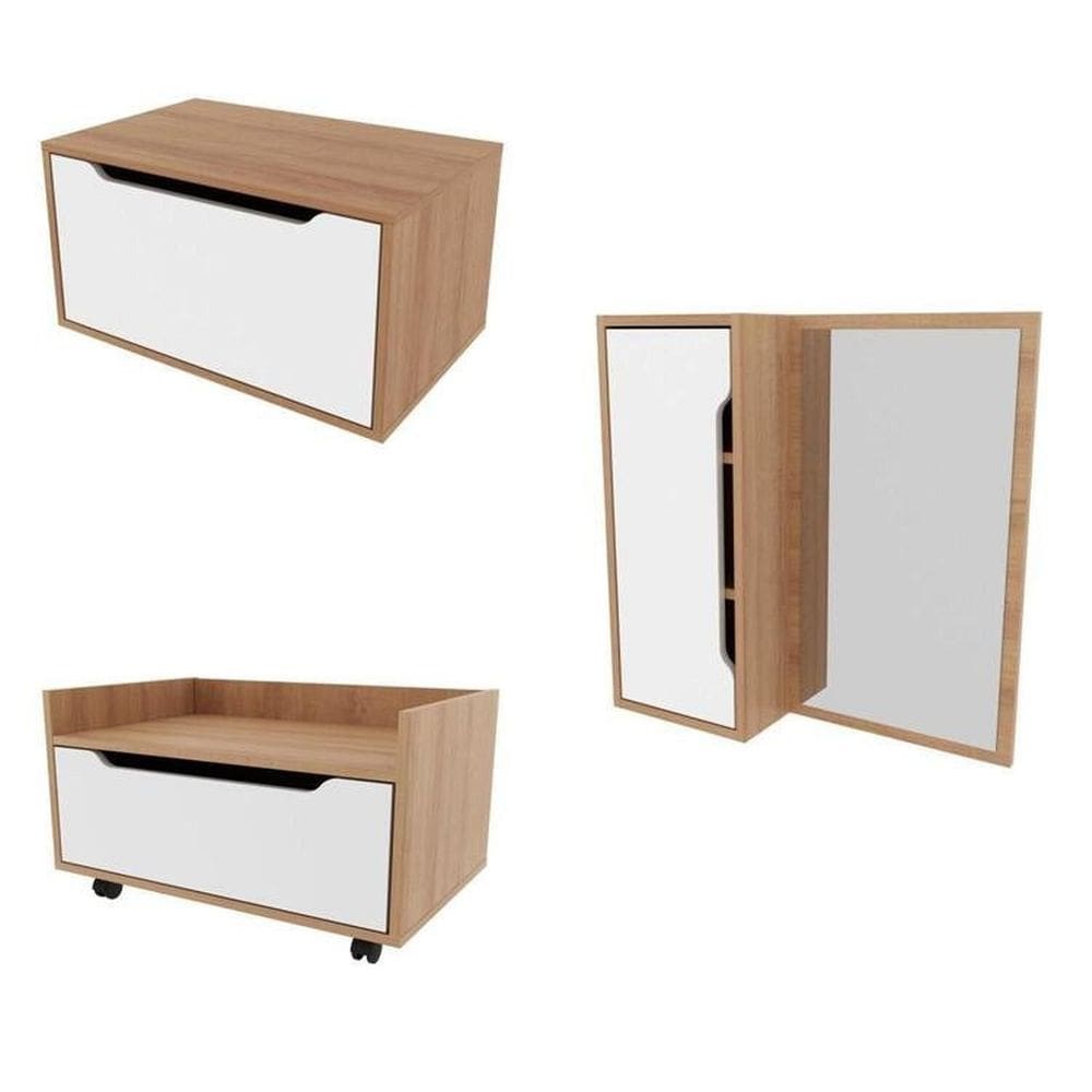 Conjunto de Banheiro com Gabinete Suspenso 1 Porta, Espelheira e Armário com Rodízios Branco/Amêndoa
