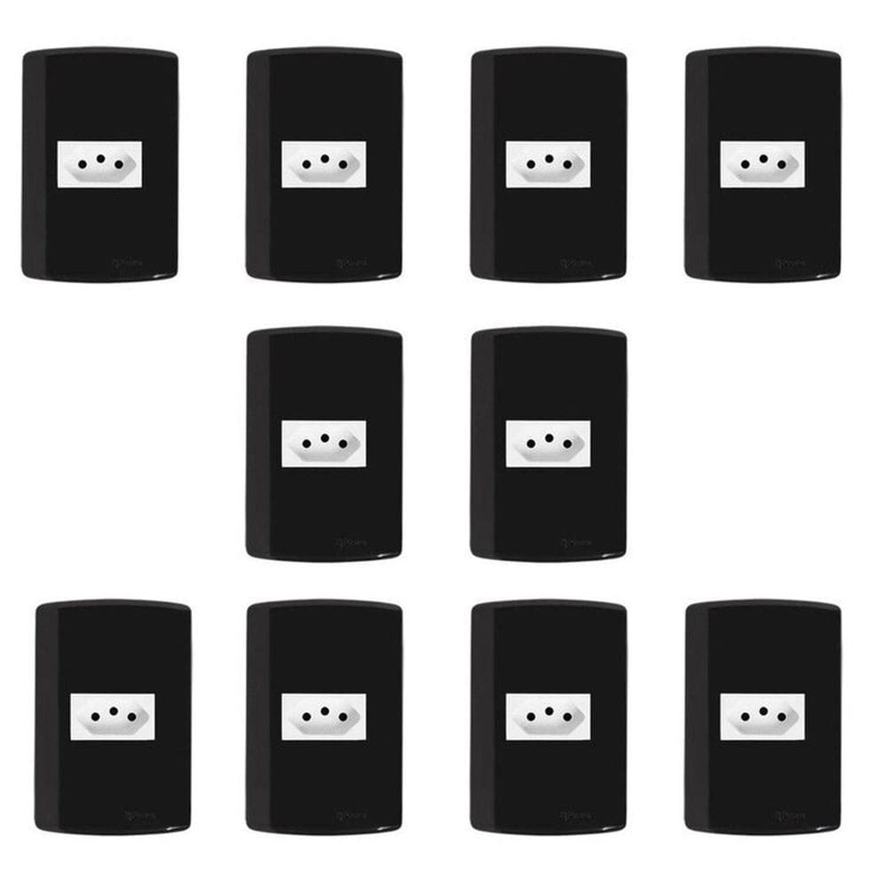Conjunto com 10 Tomadas 2p+t 10A 250v, Modular, com Placa 4x2 e Suporte Preto