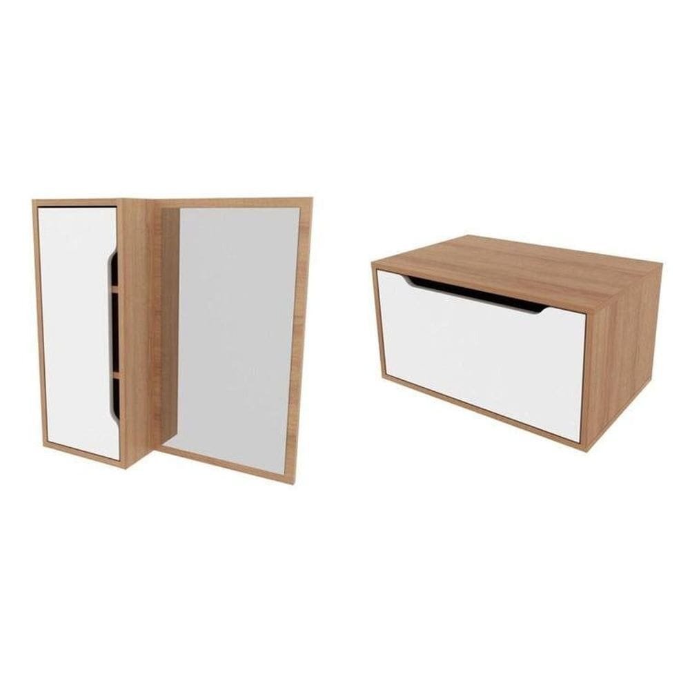 Conjunto de Banheiro com Gabinete Suspenso e Espelheira Amêndoa/Branco